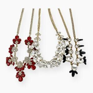 Rhinestone Necklaces Lot of 3 Sparkly Clear Stones Red Black Accents Statement